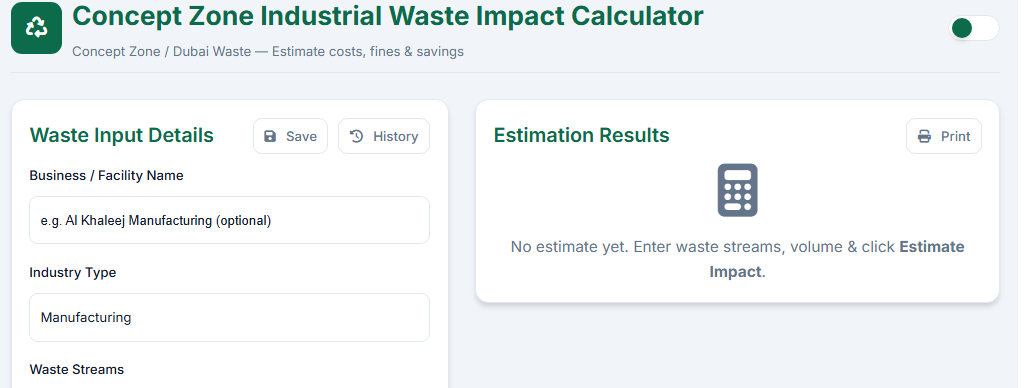 Industrial Waste Impact Calculator — Concept Zone