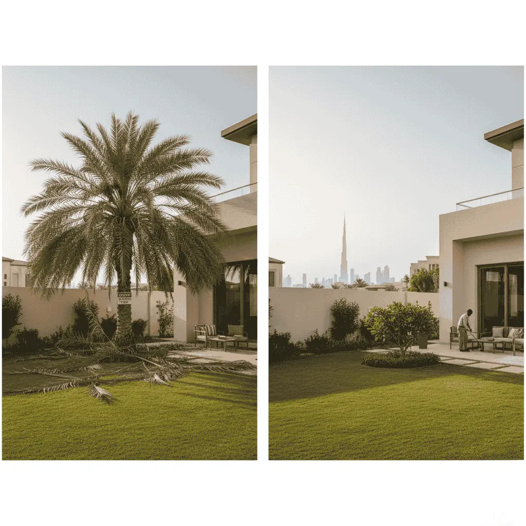 Before and after tree removal comparison in a Dubai villa garden.