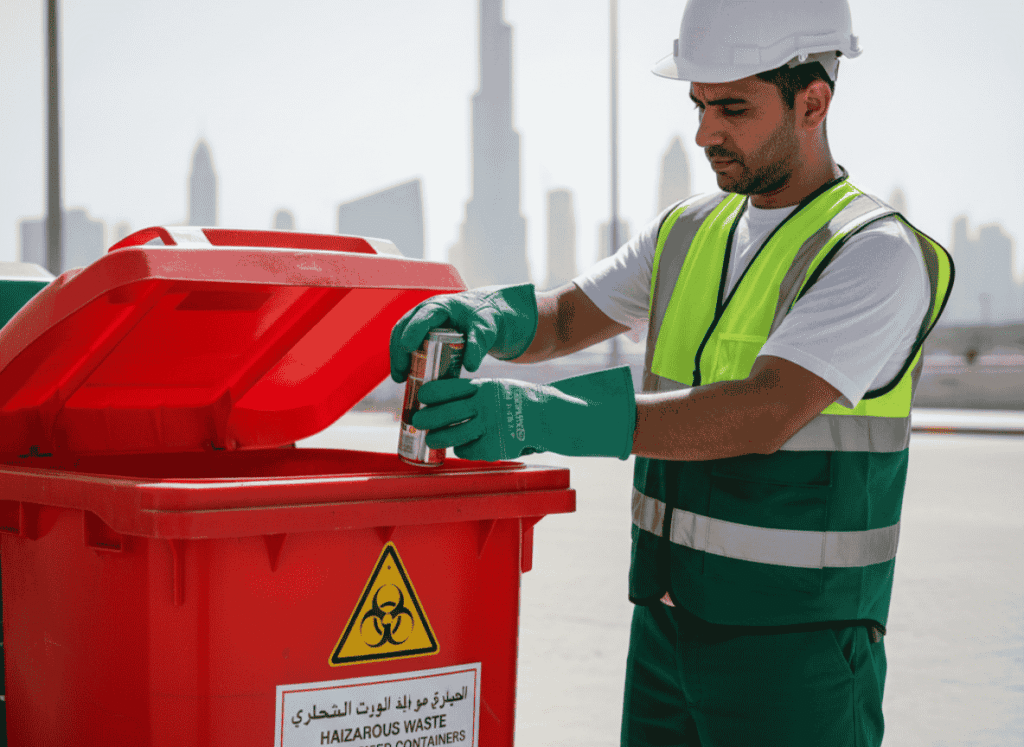 Dubai worker safely managing aerosol cans to prevent explosions and ensure proper recycling