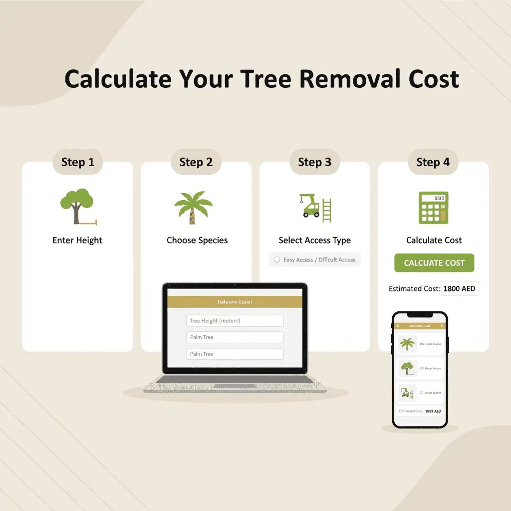 Step-by-step illustration showing how to estimate tree removal cost using an online calculator.