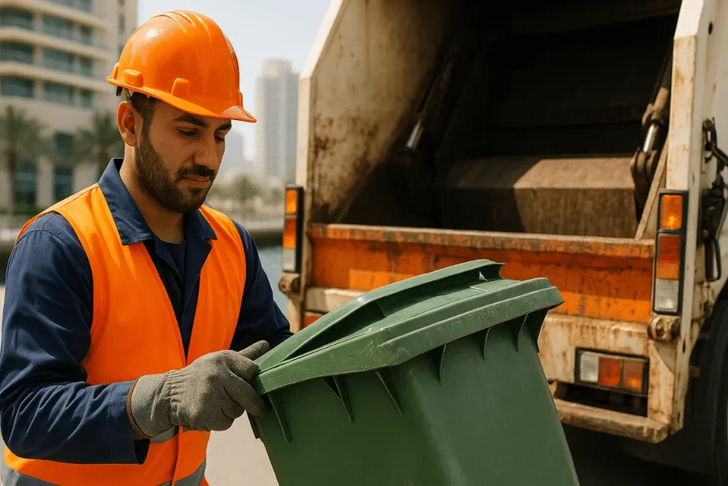 Navyom Waste Collection Services worker loading a green bin into a garbage truck during daily garbage disposal in Dubai residential district — showing responsible 2026 disposal practices