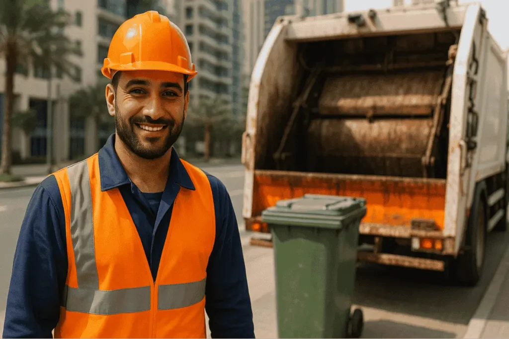 Smiling Navyom Waste Collection Services Dubai sanitation worker loading a green waste bin into a garbage truck on a clean Al Quoz street — highlighting Dubai's modern 2026 waste collection system