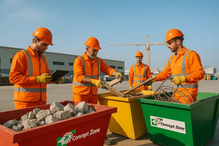 Concept Zone waste management team sorting concrete and metal at a Dubai construction site using color-coded bins and digital tracking tools