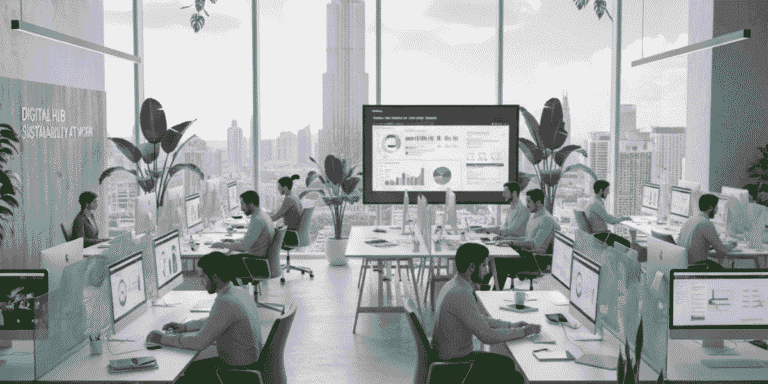 Dubai office reducing paper waste with digital workflows and eco-friendly practices.