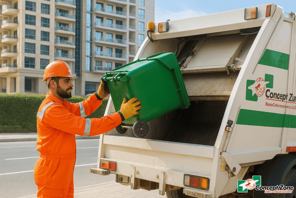 Navyom Waste Collection Services eco-friendly garbage collection truck in Dubai Marina, combining GPS tracking, AI-optimized routes and sustainable disposal practices