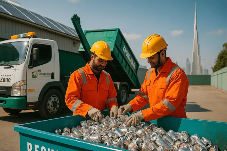 Aluminum can recycling center in Dubai with Concept Zone truck and workers sorting clean cans