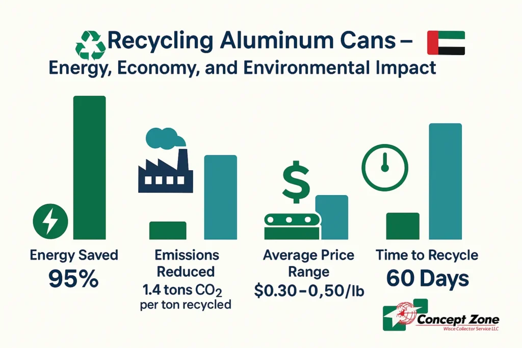 Infographic showing aluminum recycling prices, energy savings, and environmental benefits in Dubai