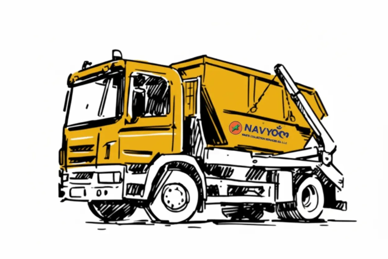 Navyom Waste Collection Services truck operating in Jebel Ali industrial zone, Dubai — commercial and industrial waste management UAE