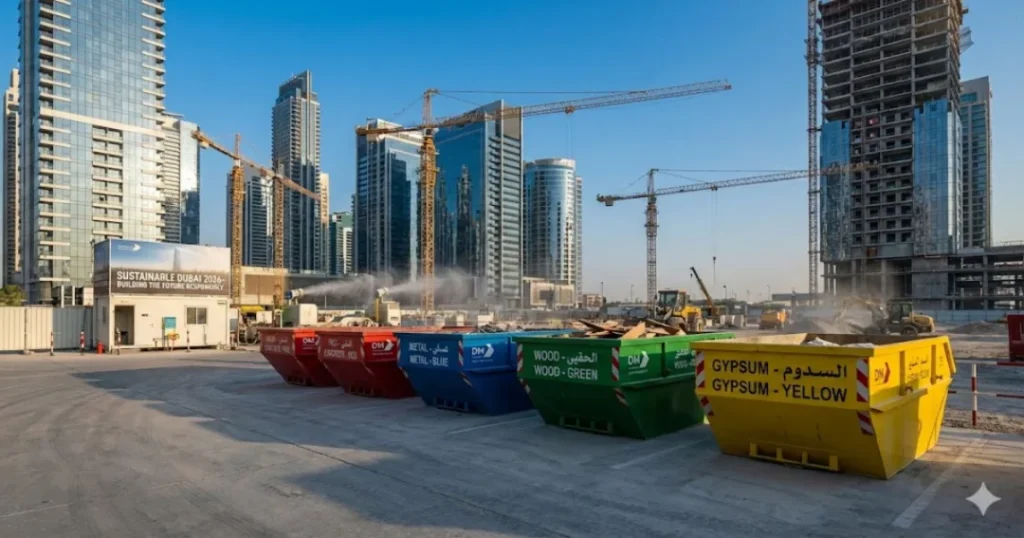 DM-approved construction waste skips on a Dubai construction site in 2026
