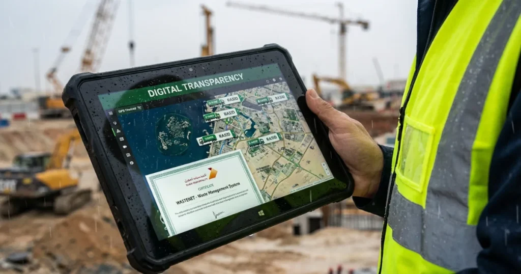 Navigating Dubai's AED 100/Tonne Landfill Fee: Budget Protection Guide for Developers 4 RASID and Wastenet digital dashboard on tablet showing real-time waste tracking in Dubai.