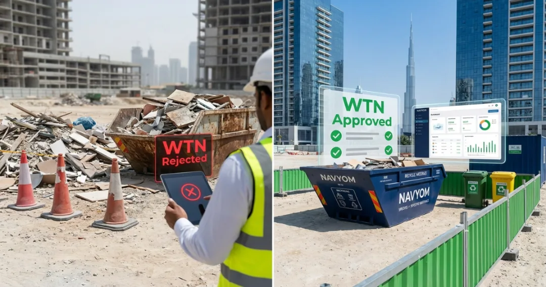 Labeled waste segregation zones for concrete, metal, wood, and mixed construction waste in Dubai