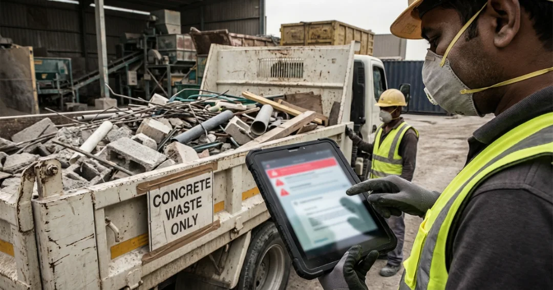 Dubai construction site waste segregation area with labeled skips and a waste collection truck