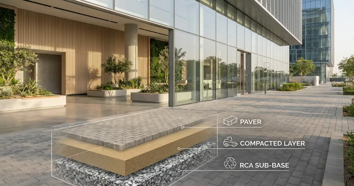 Construction site documentation and waste transfer notes being reviewed by a compliance inspector in Dubai, showing audit-ready recycled concrete aggregate diversion records