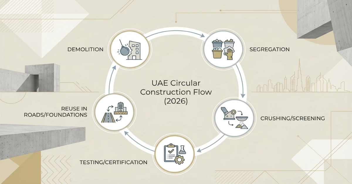 Circular economy diagram showing closed-loop construction material flow from demolition to recycled concrete aggregate processing and reuse in UAE infrastructure projects