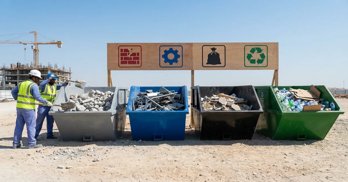 On-site construction waste segregation bins at a UAE building site, showing color-coded containers for concrete, general waste, and recyclable materials as required for Estidama Pearl Rating compliance
