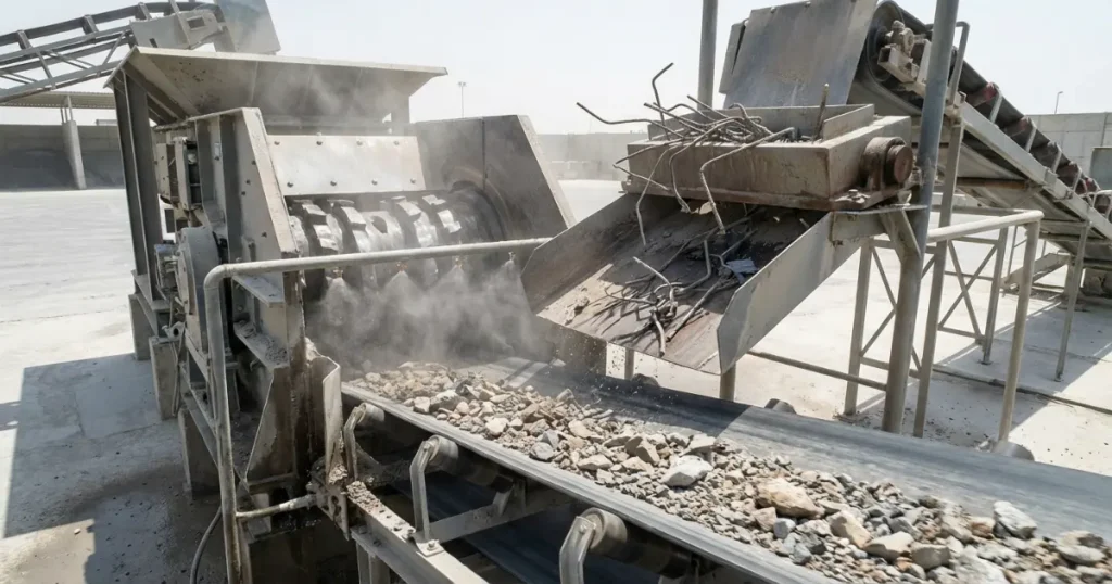 Concrete recycling process showing crushing, screening, and rebar removal for RCA production.