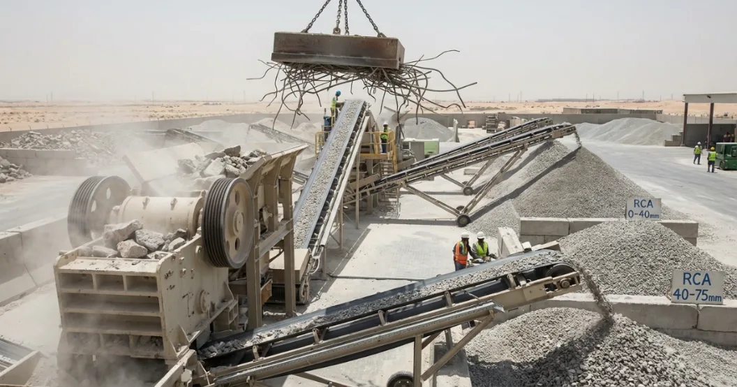 Heavy machinery crushing demolition concrete at a UAE construction waste recycling facility, producing Recycled concrete UAE for green building reuse