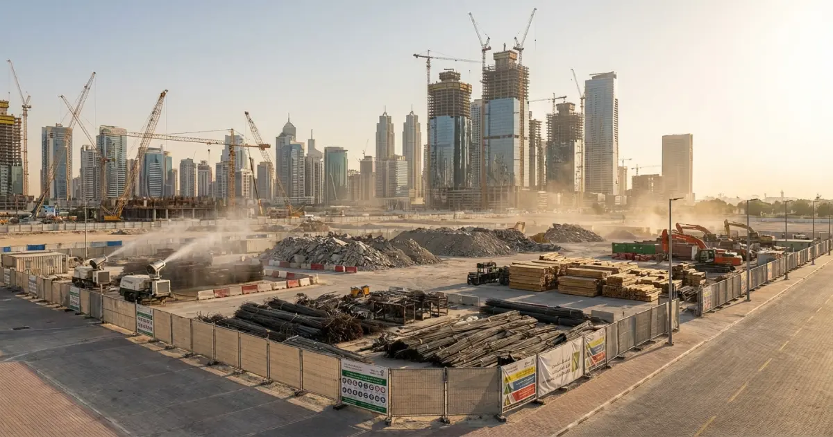 Dubai skyline construction cranes and high-rise development, illustrating the scale of construction and demolition waste generation requiring recycled concrete aggregate management