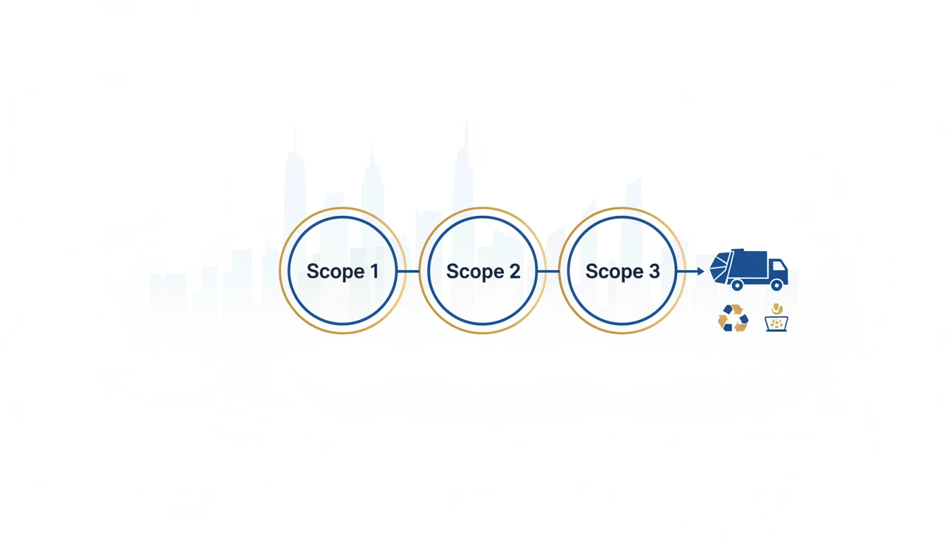 Scope 1, Scope 2, and Scope 3 diagram showing construction waste mainly contributing to Scope 3 emissions via transport and disposal