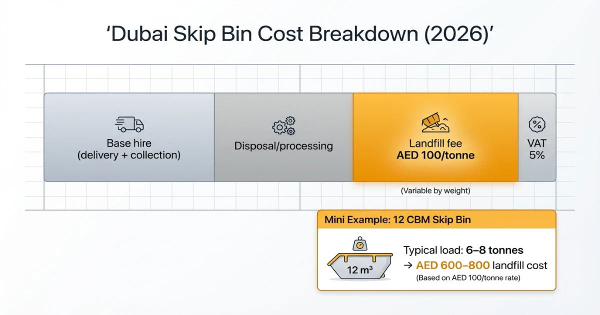 Infographic of Dubai landfill fee AED 100 per tonne and how it adds to skip bin hire costs