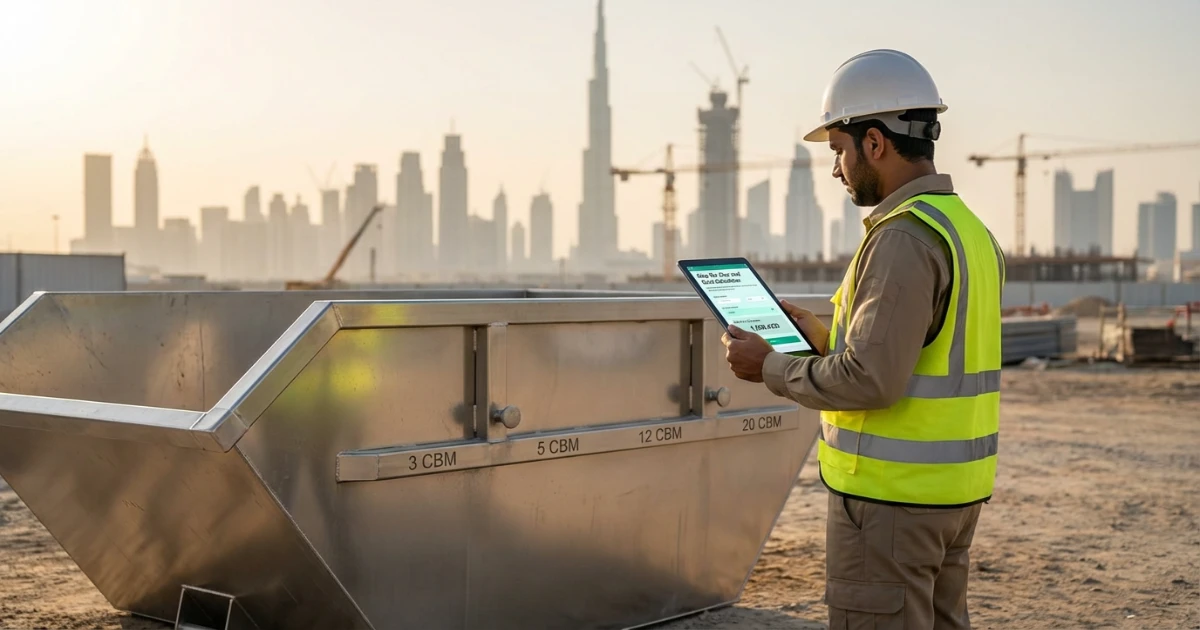Skip bin size and cost calculator Dubai showing bin sizes and AED cost estimate for a construction site