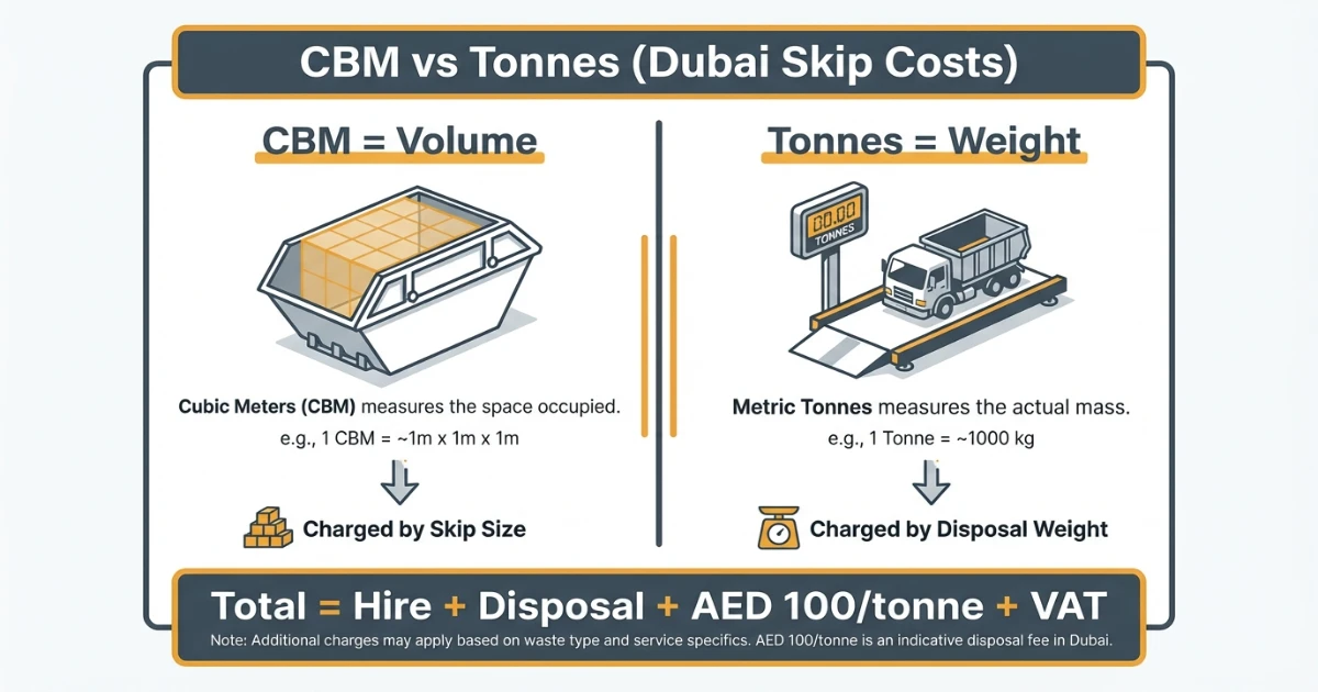 Infographic showing skip bin volume in CBM versus waste weight in tonnes affecting landfill fees in Dubai