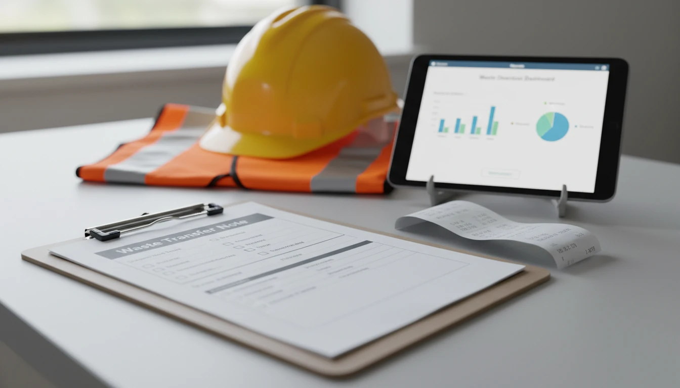 Audit evidence pack showing a Waste Transfer Note (WTN), weighbridge receipt, and a waste diversion dashboard used for ESG reporting