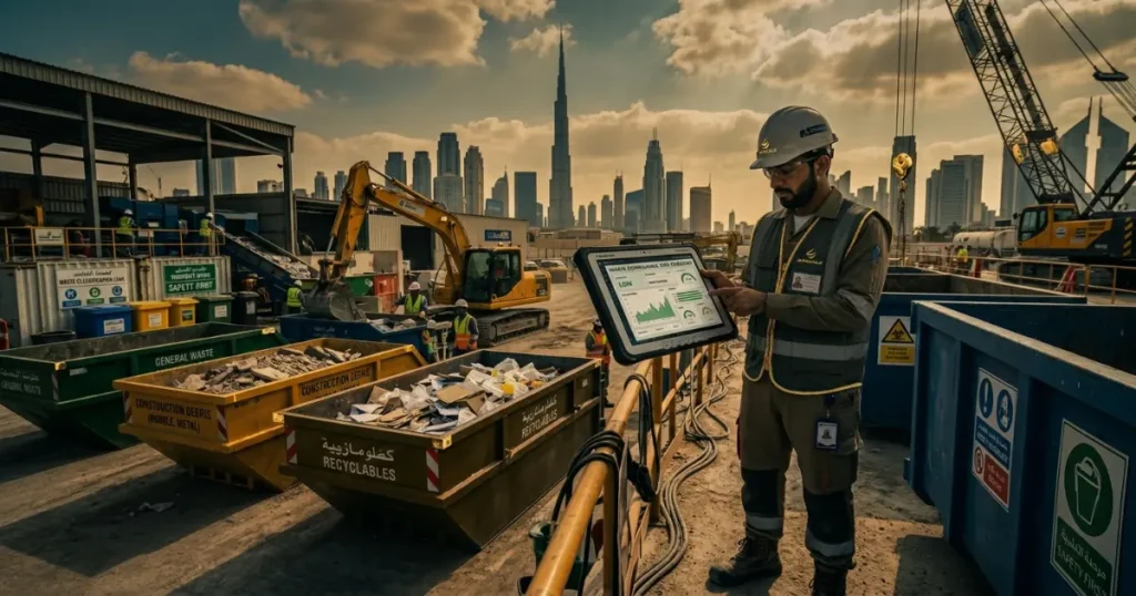 Dubai Waste Fine Risk Checker tool estimating waste compliance and illegal dumping fine risk for construction and commercial sites