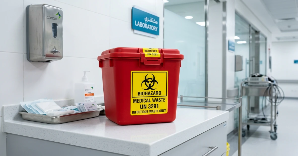Red UN-approved biohazard container for medical waste disposal in Dubai in compliance with DHA and Dubai Municipality regulations