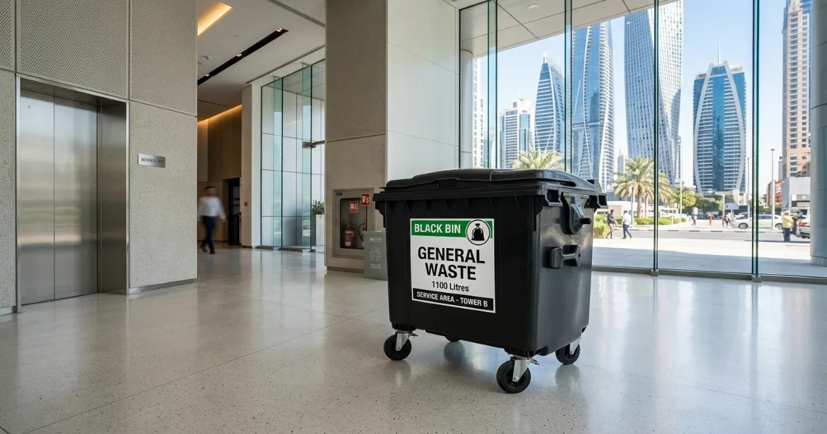 Black general waste bin for municipal solid waste collection in Dubai