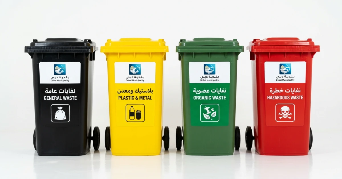 Dubai Municipality colour-coded waste segregation bins — black for general waste, yellow for recyclables, green for organic waste, red for hazardous waste