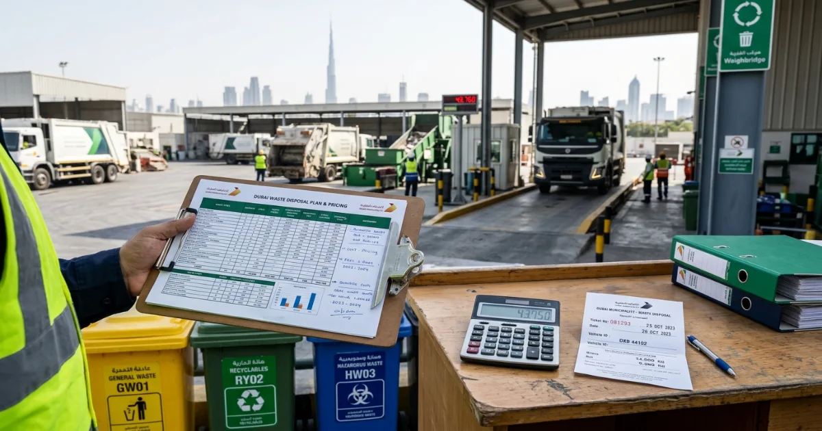 Dubai waste collection truck on a city route with compliance markings