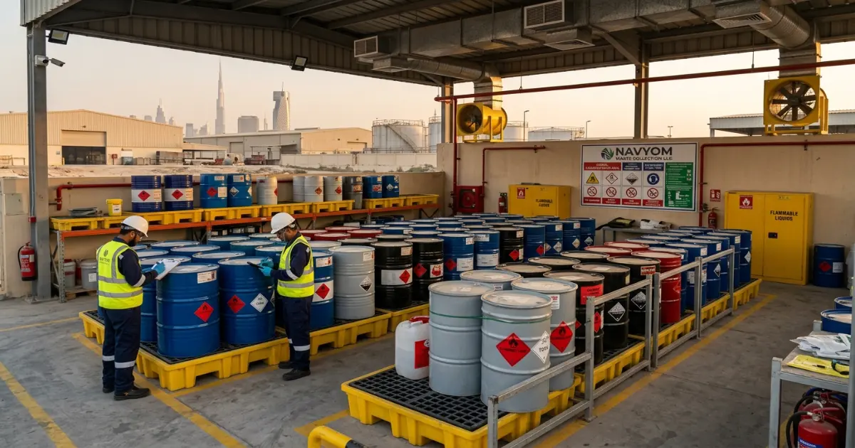 Compliant hazardous waste storage area at Dubai industrial facility showing secondary containment bunds and hazard labelling