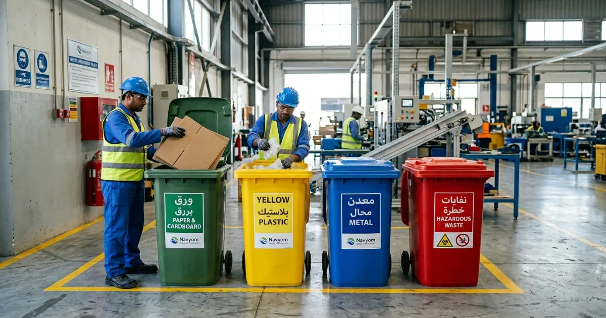 Industrial waste segregation facility in Dubai showing colour-coded waste streams sorted at source