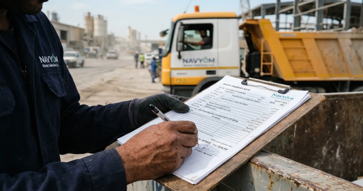 Completed Waste Transfer Note documentation for industrial waste collection in Dubai showing required fields and authorised signatures