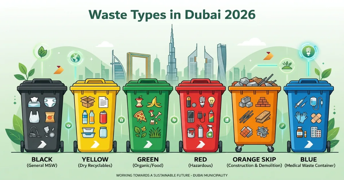 The six waste types in Dubai as classified by Dubai Municipality — general black recyclables yellow organic green hazardous red construction and demolition and medical waste