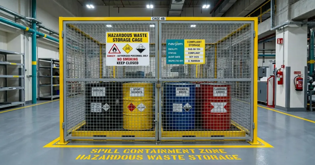 Secured hazardous waste storage cage at a Dubai industrial facility, with labelled containers for industry wast management dubai compliance