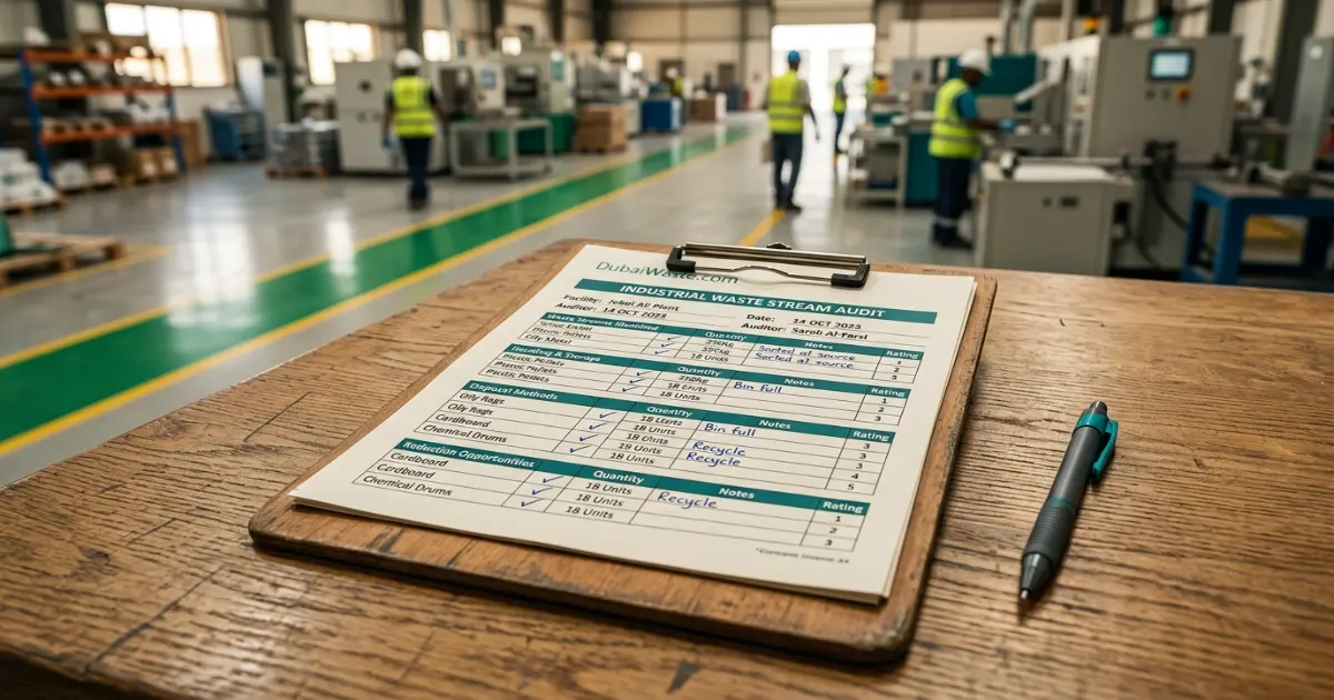 Industrial waste audit checklist on clipboard at a Dubai factory, supporting effective industry wast management dubai practices