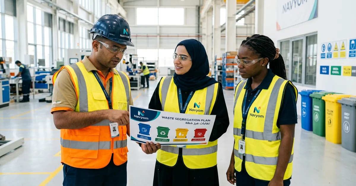 Dubai industrial facility operations team reviewing waste segregation bins and industry wast management dubai improvement plan