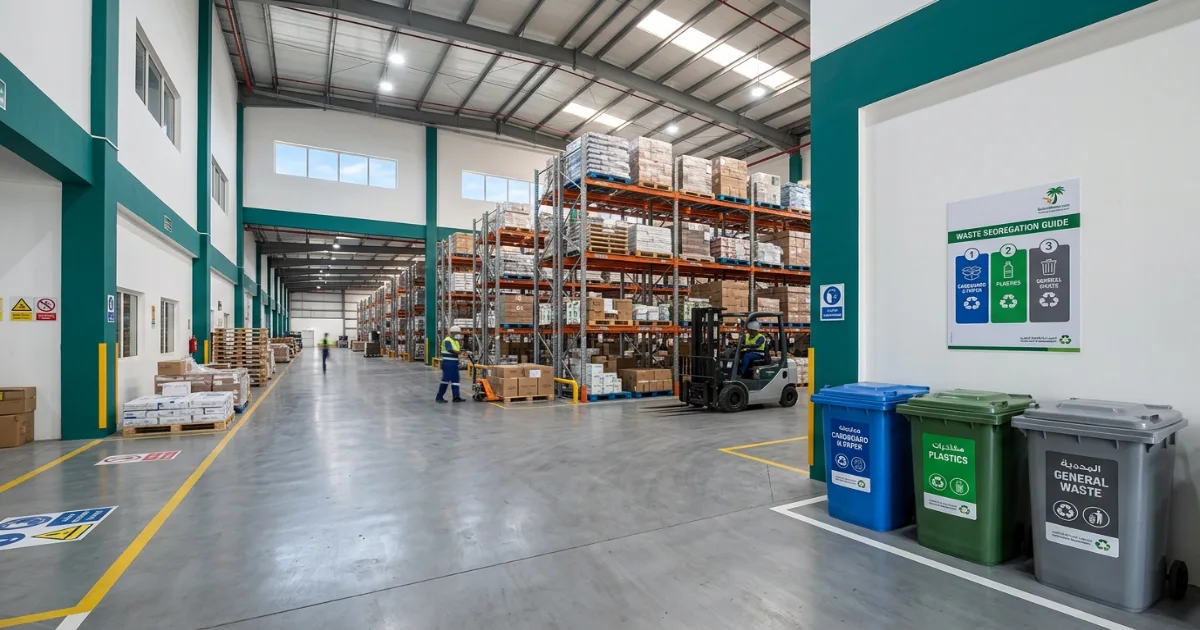 Industrial waste segregation bins at a Dubai warehouse facility showing separated cardboard, plastic, and general waste streams for industry wast management dubai compliance
