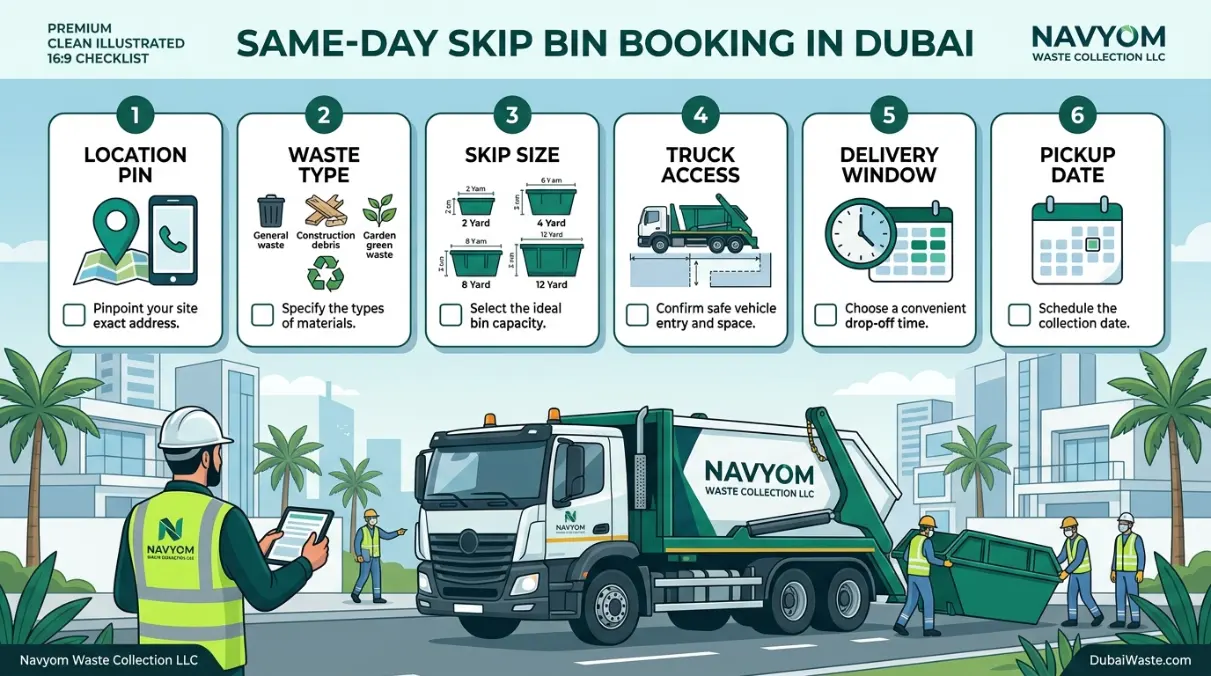 Same day skip bin booking checklist for Dubai waste collection