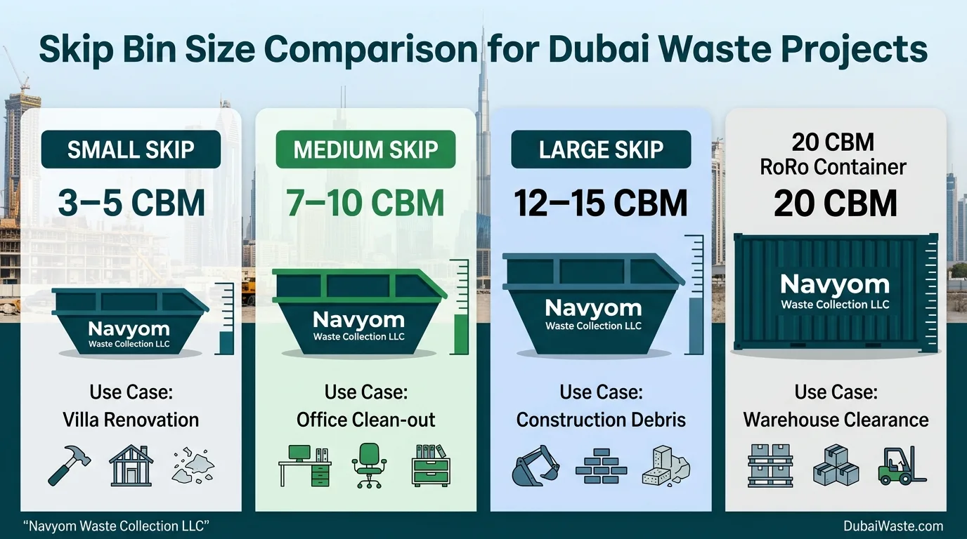 Skip bin size comparison in Dubai for small medium and large waste projects