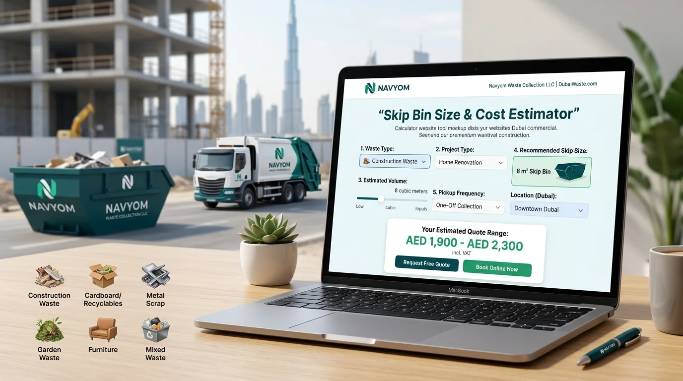 Navyom  skip bin size and cost calculator screenshot for Dubai skip hire planning