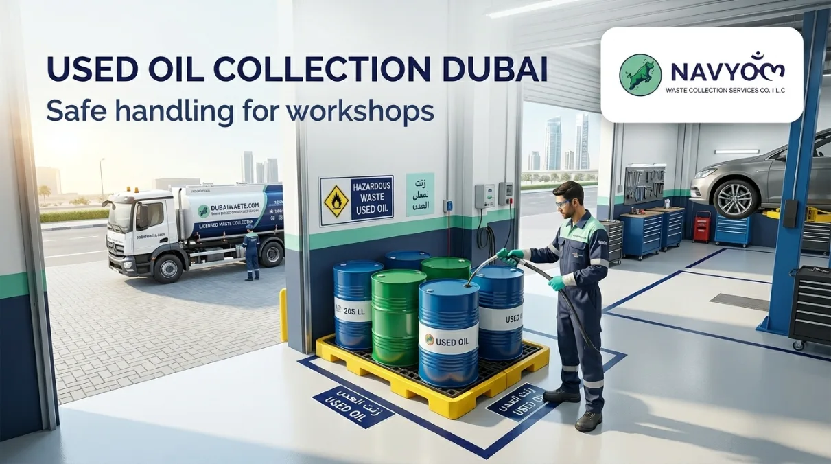 Hazardous Waste Disposal for Businesses in Dubai — Full Compliance Guide 3 Used oil collection drums at an automotive workshop in Dubai compliant hazardous waste disposal