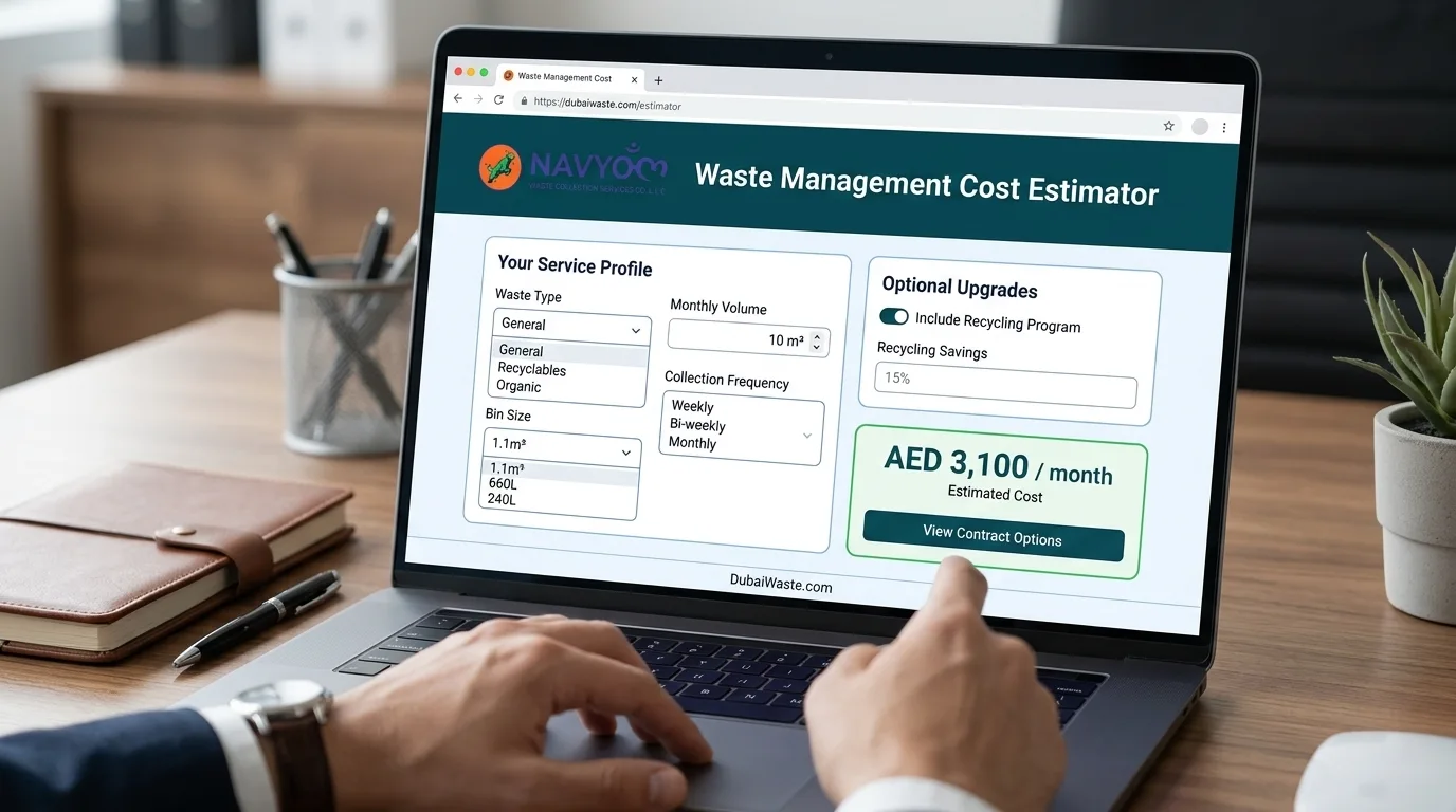 Waste Management Contract for Businesses Dubai — What to Look For 2 DubaiWaste.com waste management cost estimator for reviewing business waste collection contract pricing in Dubai