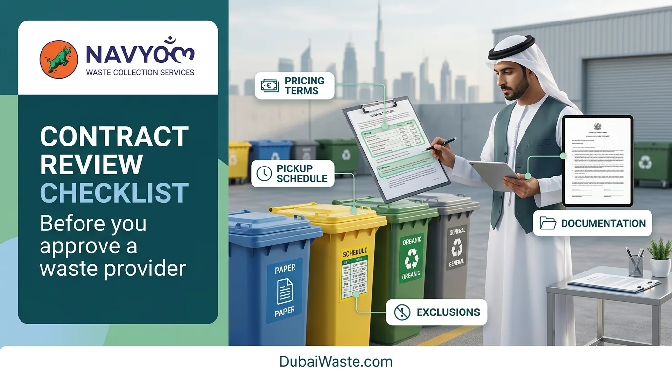 Waste Management Contract for Businesses Dubai — What to Look For 3 Facility manager reviewing a waste management contract checklist for businesses in Dubai