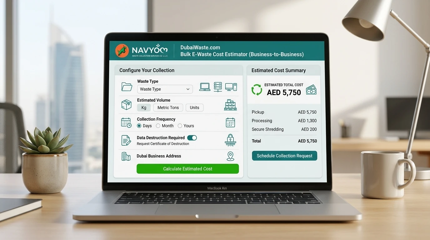 E-Waste Bulk Collection for Businesses Dubai 5 DubaiWaste.com waste management cost estimator tool — screenshot showing e-waste bulk collection cost estimate for Dubai businesses