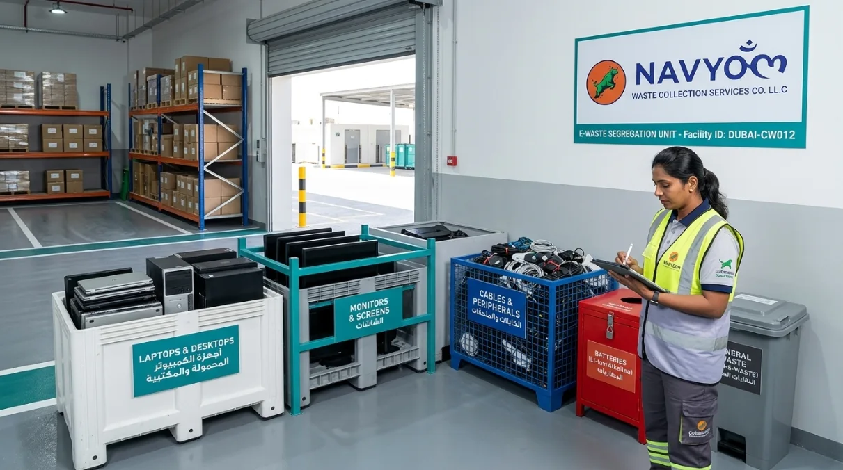 E-Waste Bulk Collection for Businesses Dubai 2 Proper e-waste segregation in a Dubai commercial facility — labeled bins for electronics separate from general waste