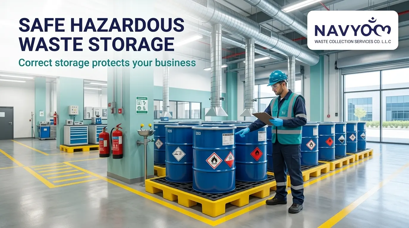 Hazardous Waste Disposal for Businesses in Dubai — Full Compliance Guide 1 Hazardous waste drums stored correctly at a Dubai industrial facility with labelling and containment