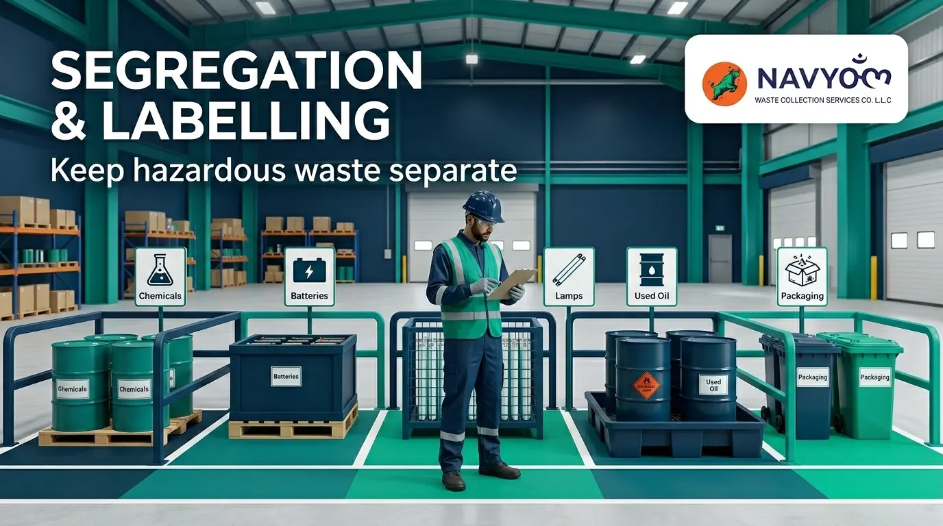 Hazardous Waste Disposal for Businesses in Dubai — Full Compliance Guide 4 Properly labelled and segregated hazardous waste containers at a Dubai industrial site